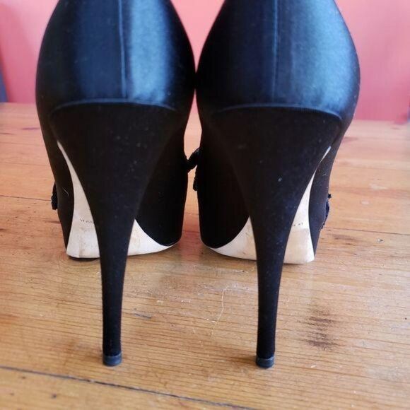 Dolce and Gabbana Satin Lace Bow Pump Black Platform Heels Peep Toe Size 39 - Picture 6 of 8